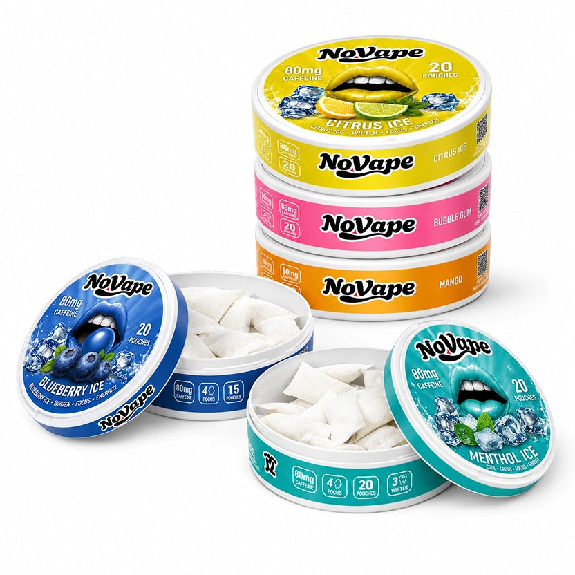 NOVAPE Caffeine 80mg Pouches – 5-Pack Bundle 1 - Deal for €24.95 - Bubblegum - Citrus Ice - Menthol Ice - Mango - Blueberry Ice